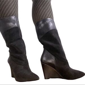 Black Suede Wedge Boots New Leather Black Pointed Toe Retro Style Size 9